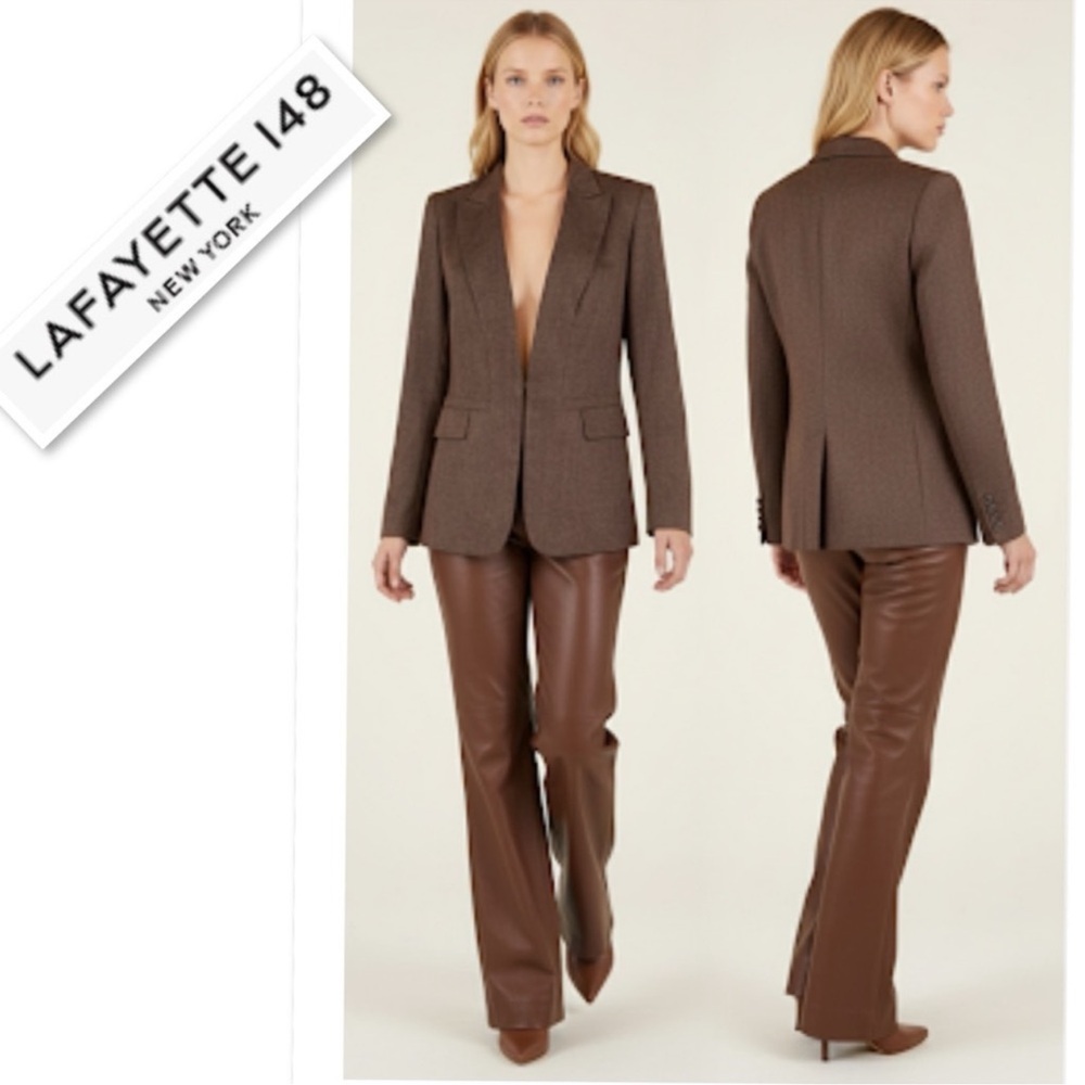 Lafayette 148 New York Herringbone Brown Wool Blazer Jacket Size 8